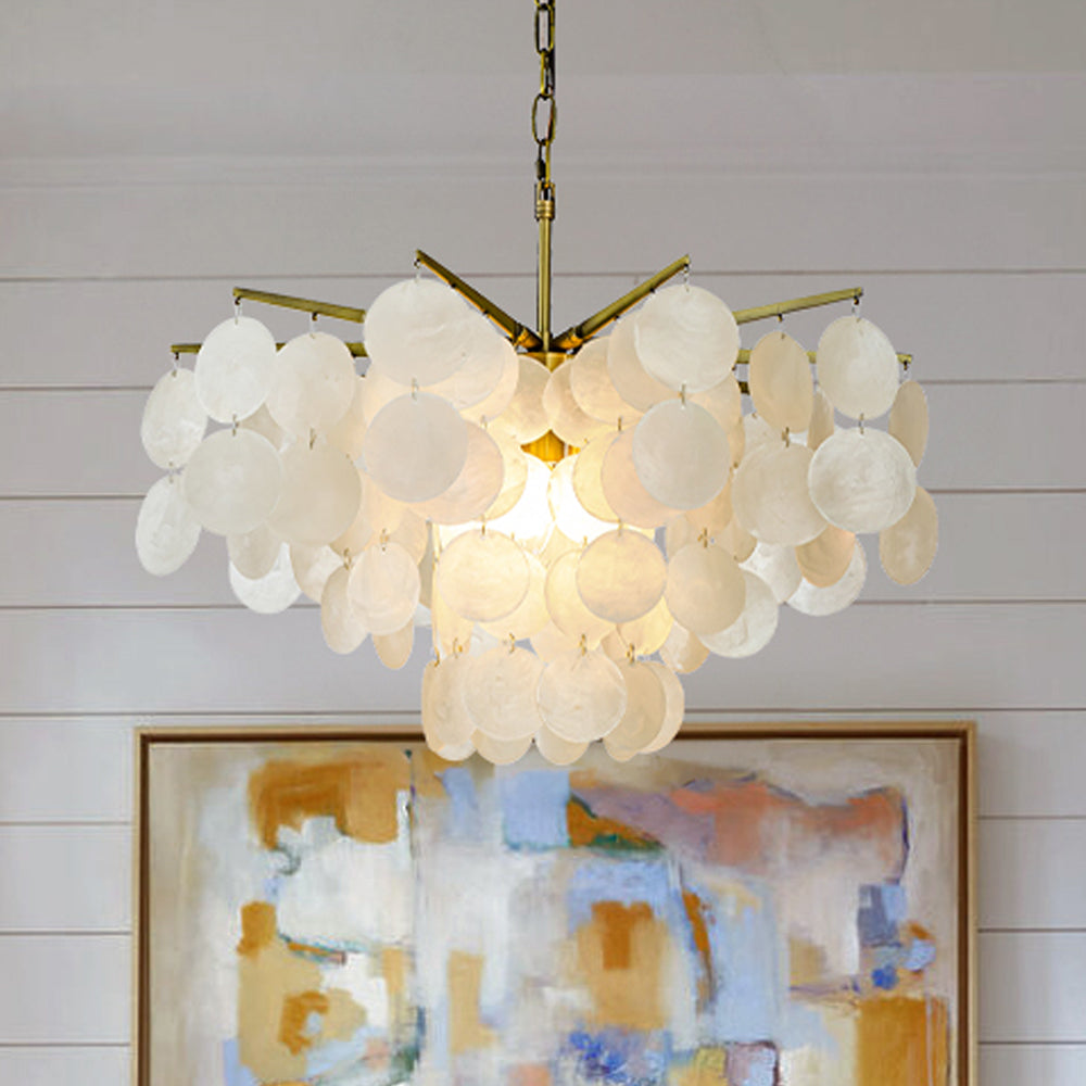 Coastal Elegance | 4-Light Capiz Shell Chandelier with Antique Gold Finish | Stunning Illumination for Beach-Inspired Decor
