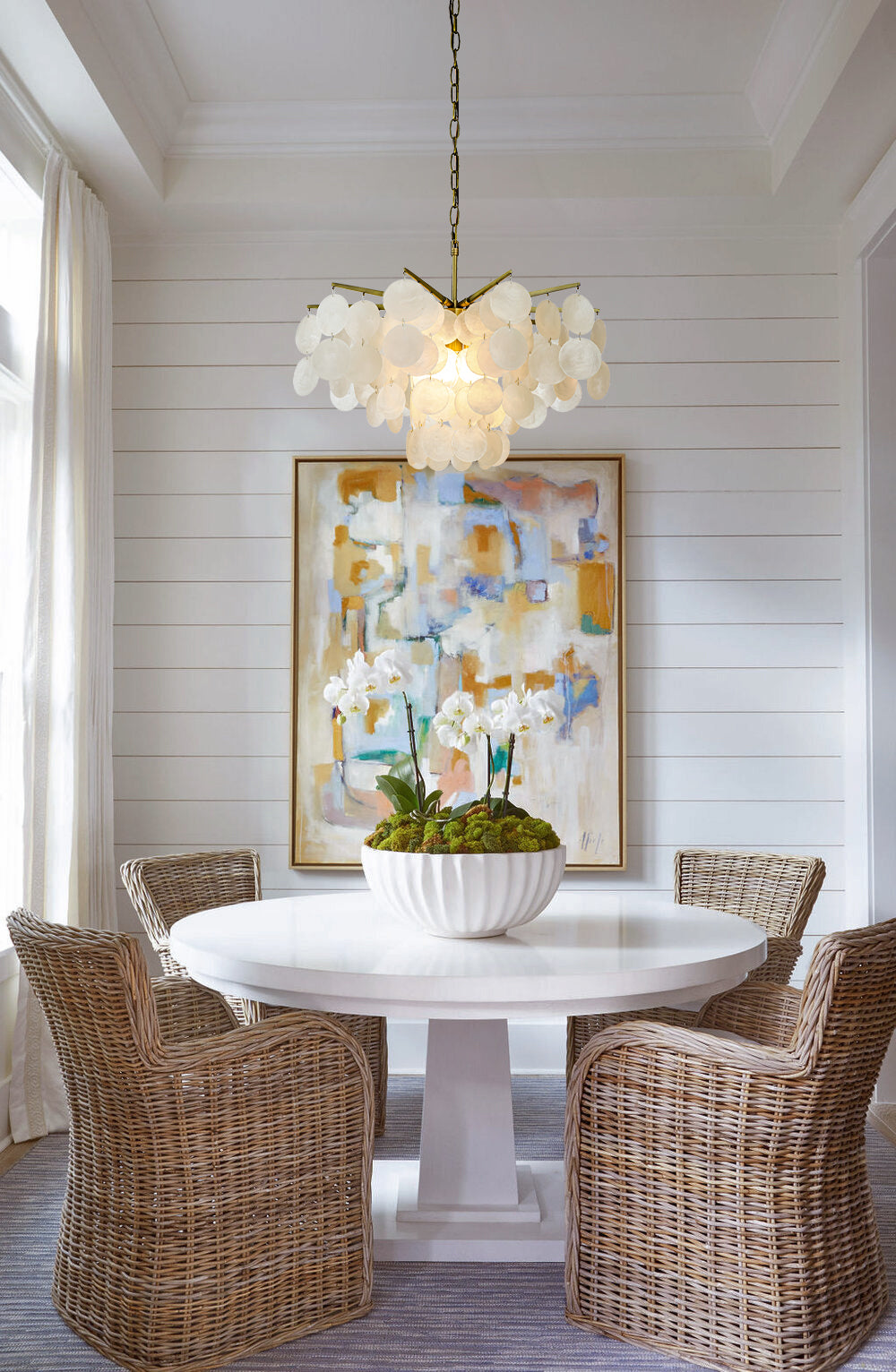 Coastal Elegance | 4-Light Capiz Shell Chandelier with Antique Gold Finish | Stunning Illumination for Beach-Inspired Decor