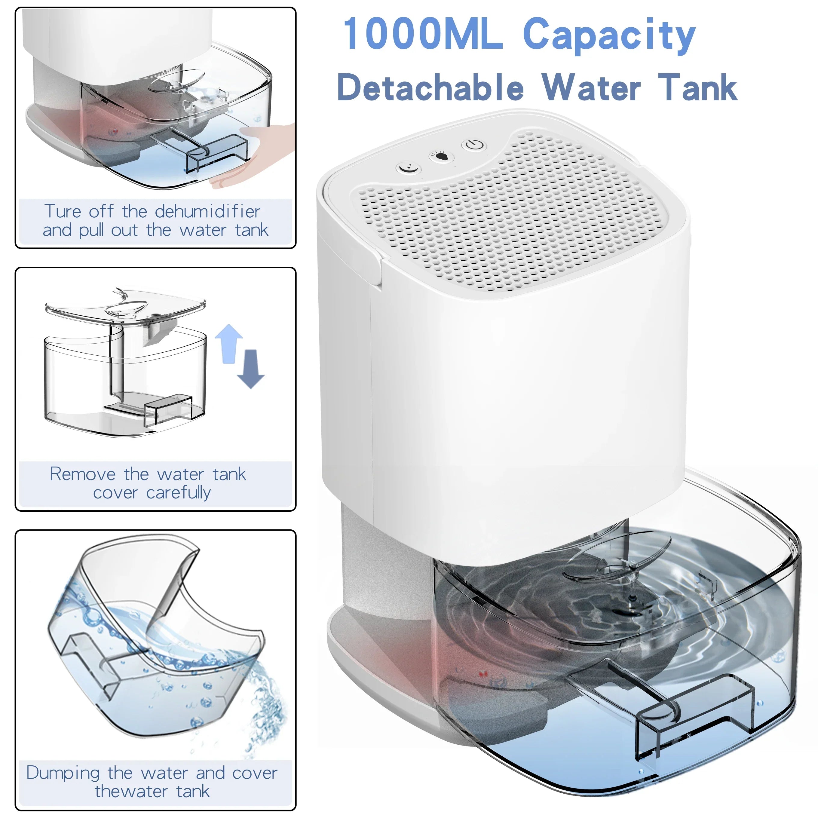 Compact Dehumidifier | 1000ml Portable Design with Air Filter & Night Light | Ideal for Fresh, Dry Air in Any Space