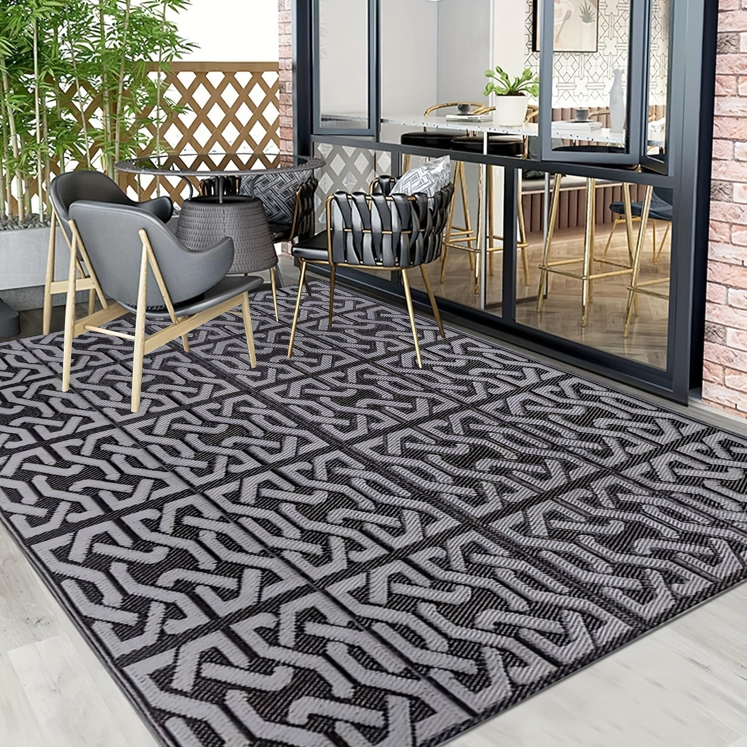 Contemporary Outdoor Rug | Reversible Black & Grey Mat with Weather-Resistant Design | Lightweight for Versatile Use