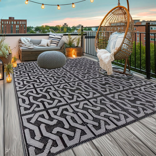 Contemporary Outdoor Rug | Reversible Black & Grey Mat with Weather-Resistant Design | Lightweight for Versatile Use
