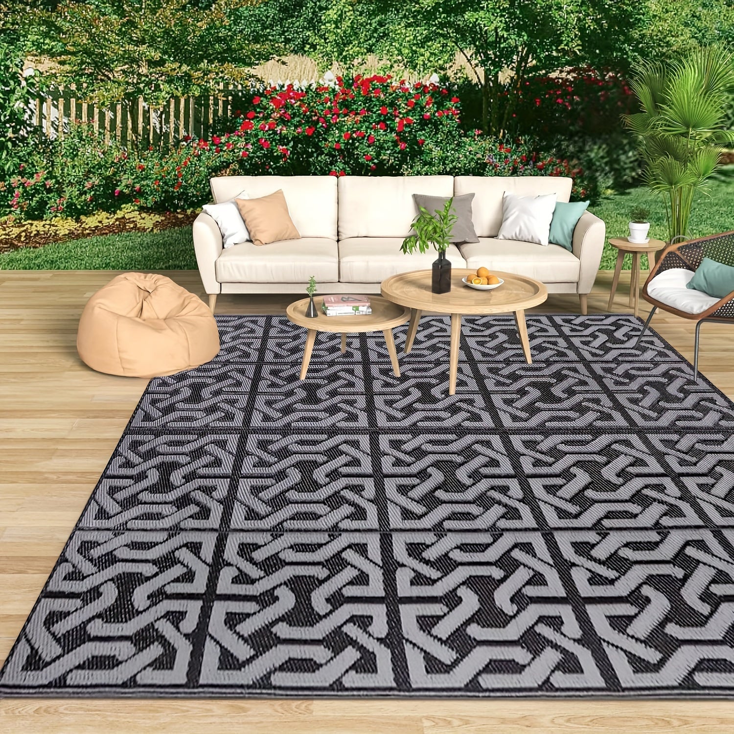 Contemporary Outdoor Rug | Reversible Black & Grey Mat with Weather-Resistant Design | Lightweight for Versatile Use