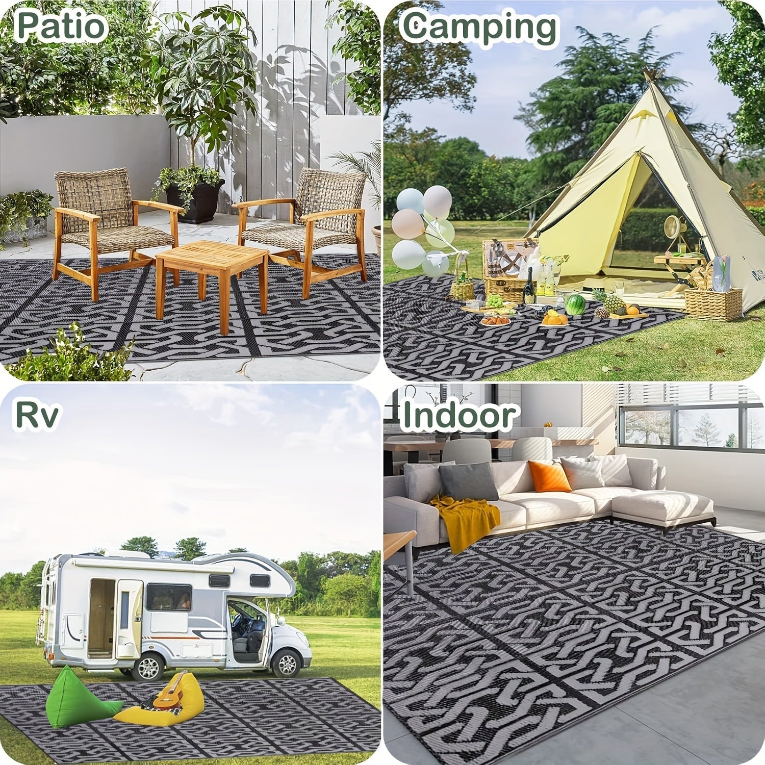 Contemporary Outdoor Rug | Reversible Black & Grey Mat with Weather-Resistant Design | Lightweight for Versatile Use