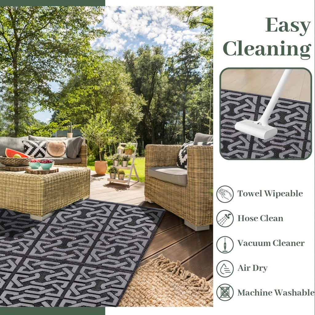 Contemporary Outdoor Rug | Reversible Black & Grey Mat with Weather-Resistant Design | Lightweight for Versatile Use