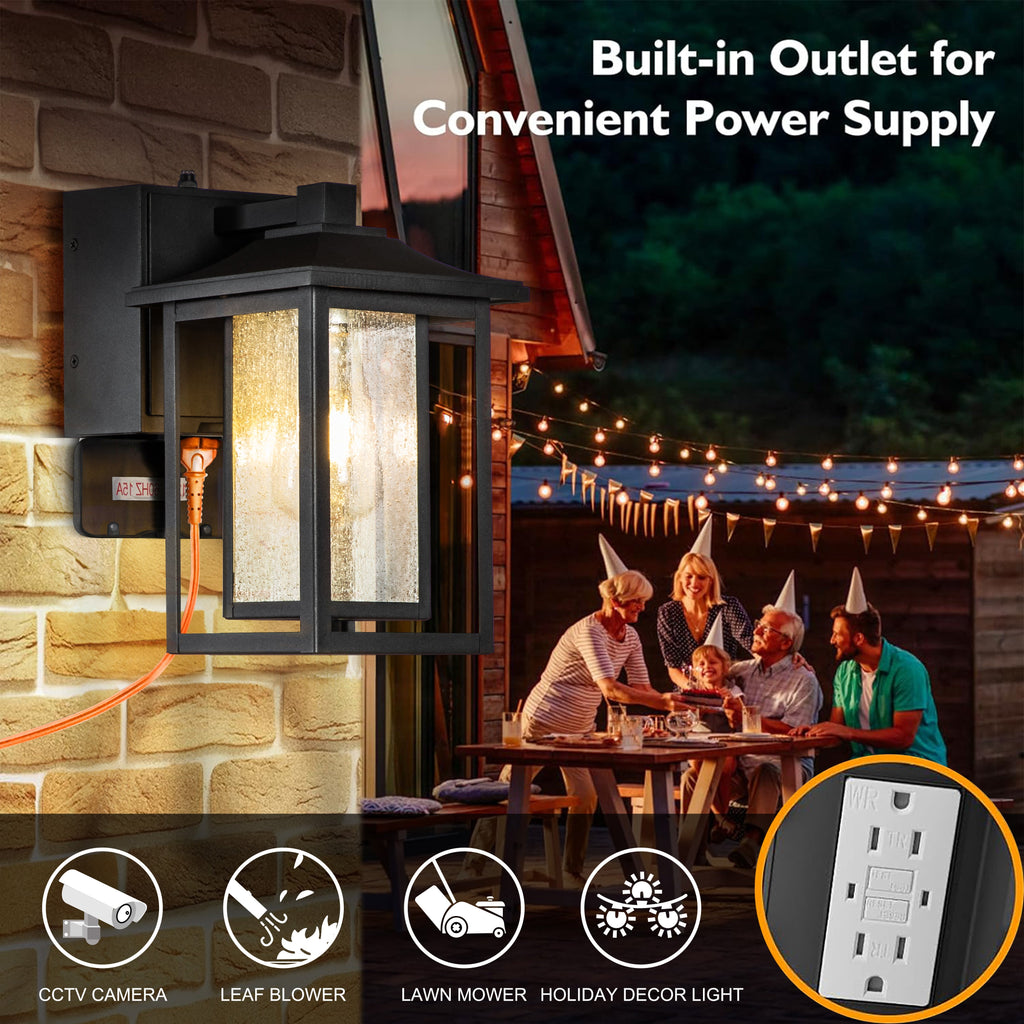 Dusk to Dawn | Outdoor Wall Lantern with GFCI Outlets & Automatic Lighting | Weatherproof Design for Enhanced Safety