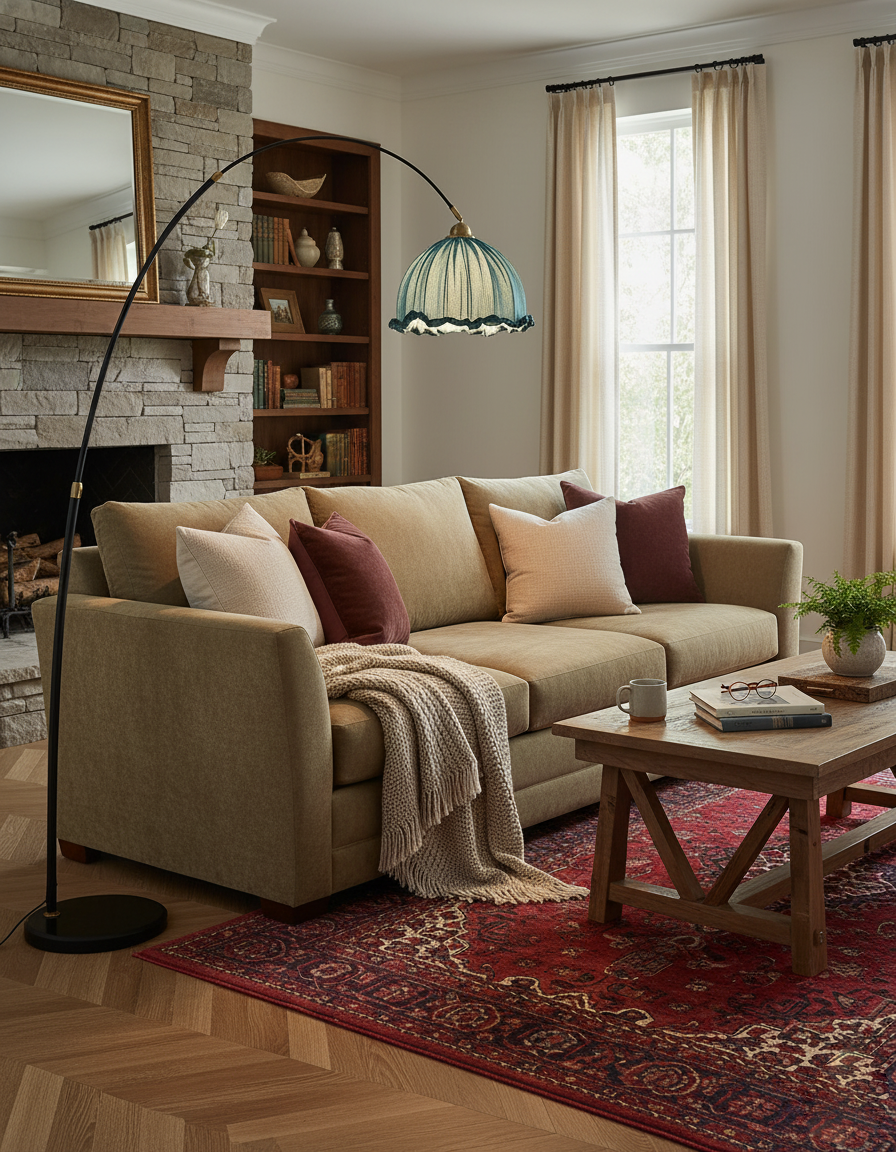 Elegant Arc Floor Lamp with Black Metal Base & Fabric Shade | Modern Lighting for Living Room
