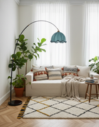 Elegant Arc Floor Lamp with Black Metal Base & Fabric Shade | Modern Lighting for Living Room
