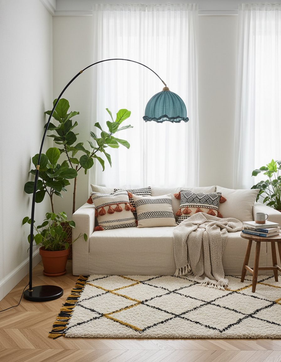 Elegant Arc Floor Lamp with Black Metal Base & Fabric Shade | Modern Lighting for Living Room