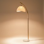 Elegant Arc Floor Lamp with Scalloped Shade & Dimmer | Modern Gold Lighting for Living Room