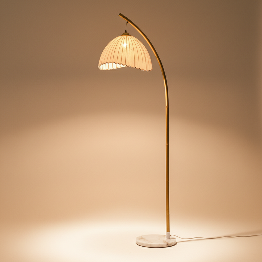 Elegant Arc Floor Lamp with Scalloped Shade & Dimmer | Modern Gold Lighting for Living Room