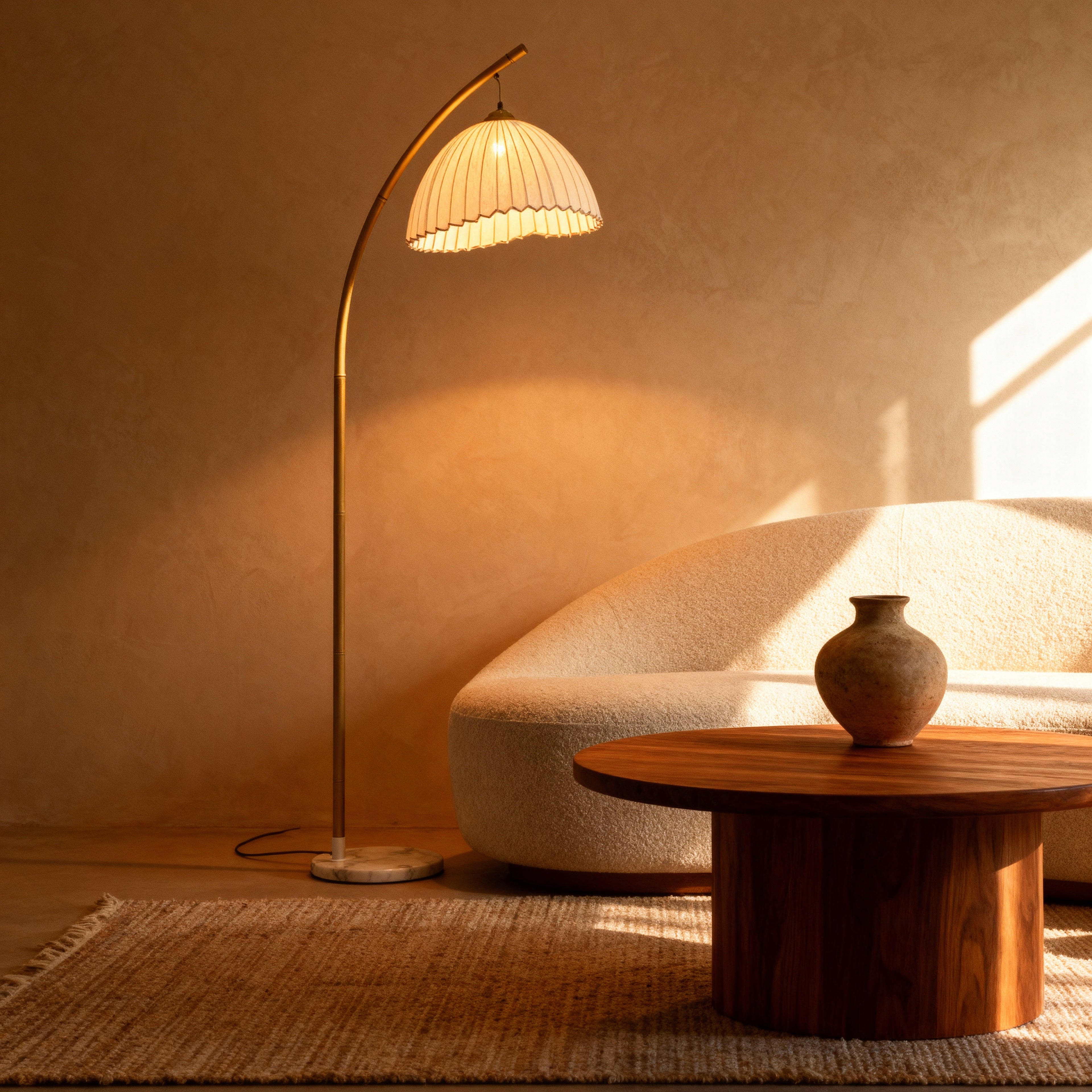 Elegant Arc Floor Lamp with Scalloped Shade & Dimmer | Modern Gold Lighting for Living Room