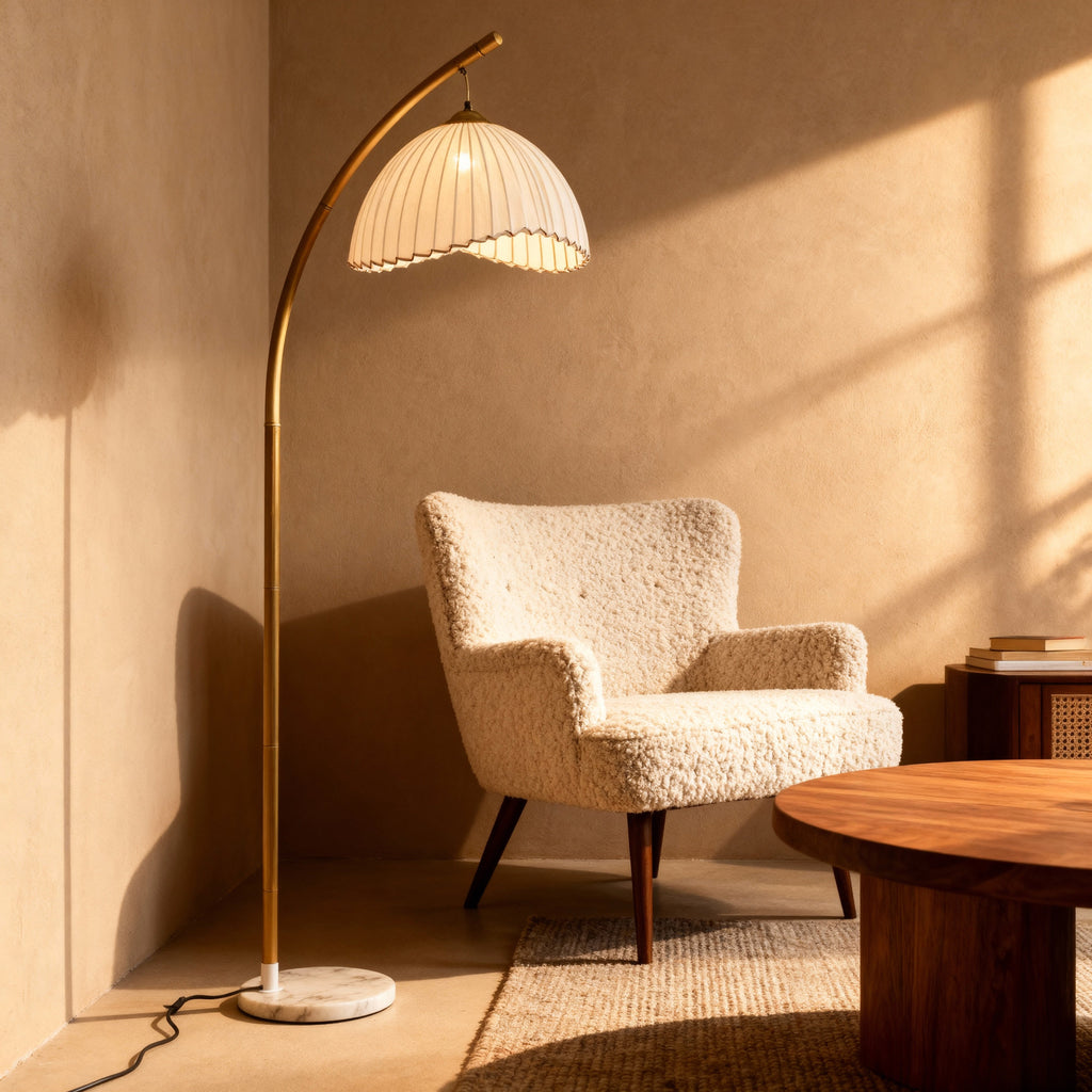 Elegant Arc Floor Lamp with Scalloped Shade & Dimmer | Modern Gold Lighting for Living Room