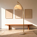Elegant Arc Floor Lamp with Scalloped Shade & Dimmer | Modern Gold Lighting for Living Room