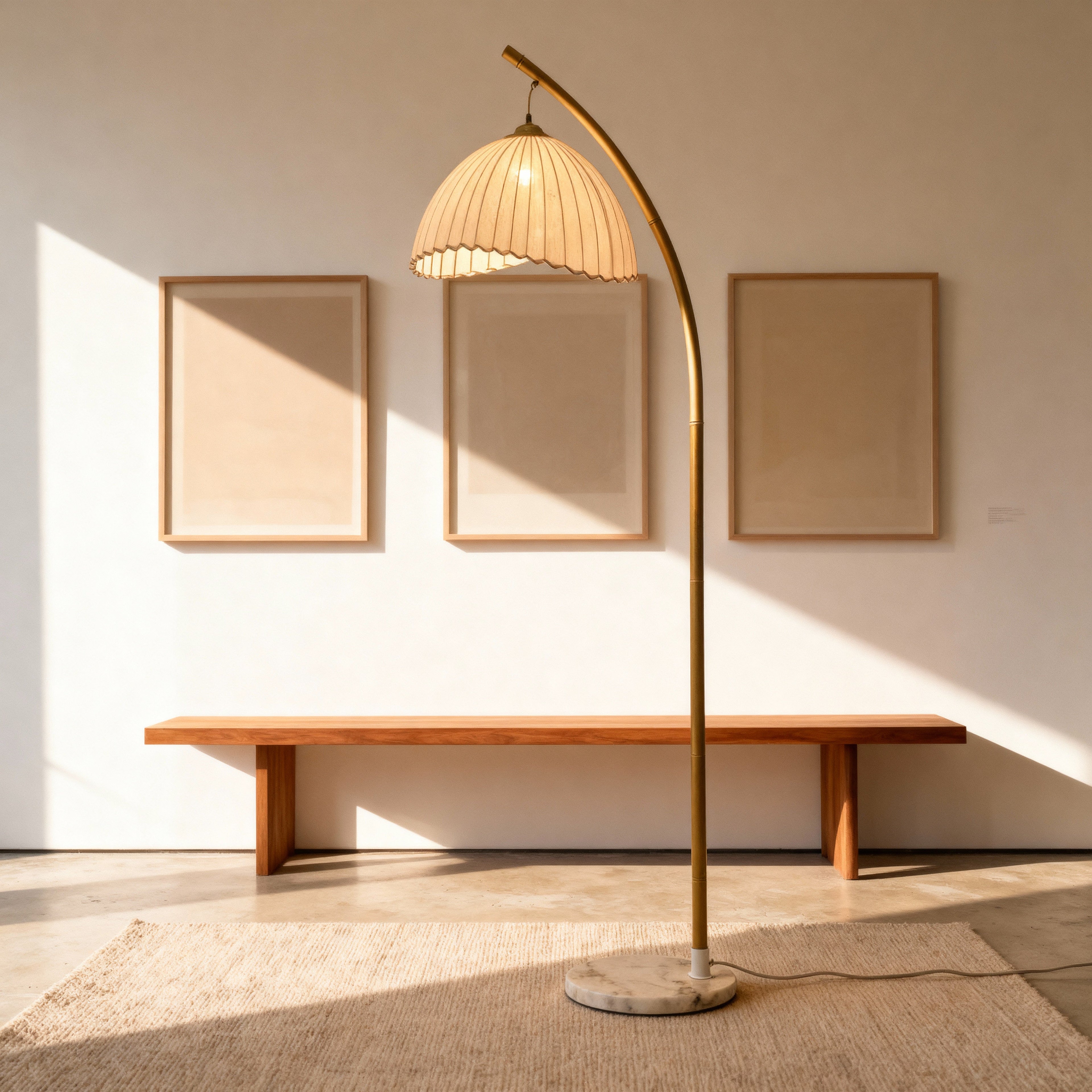 Elegant Arc Floor Lamp with Scalloped Shade & Dimmer | Modern Gold Lighting for Living Room