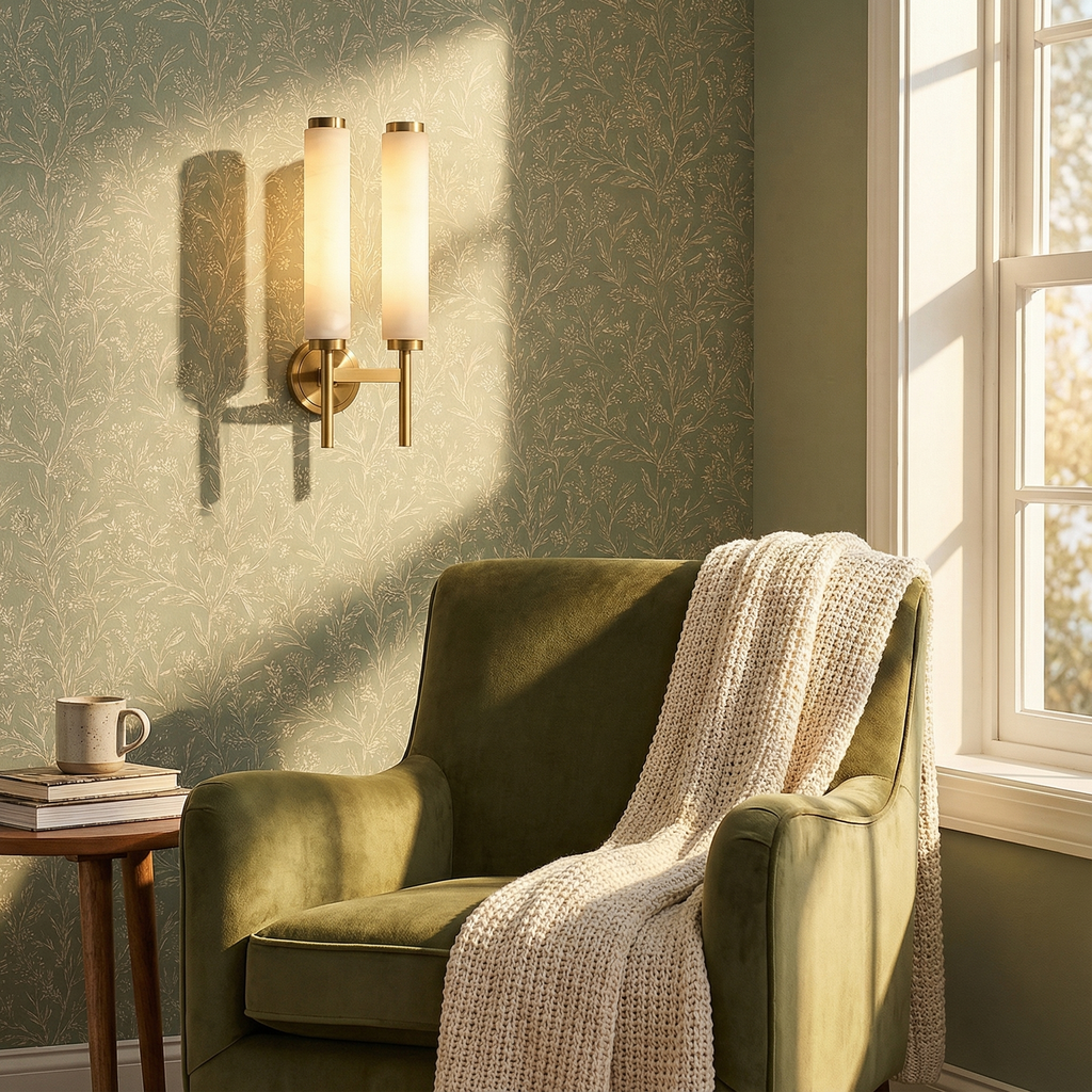 Elegant Dual-Column Wall Sconce Light with Alabaster Diffusers | Timeless Design for Contemporary Spaces