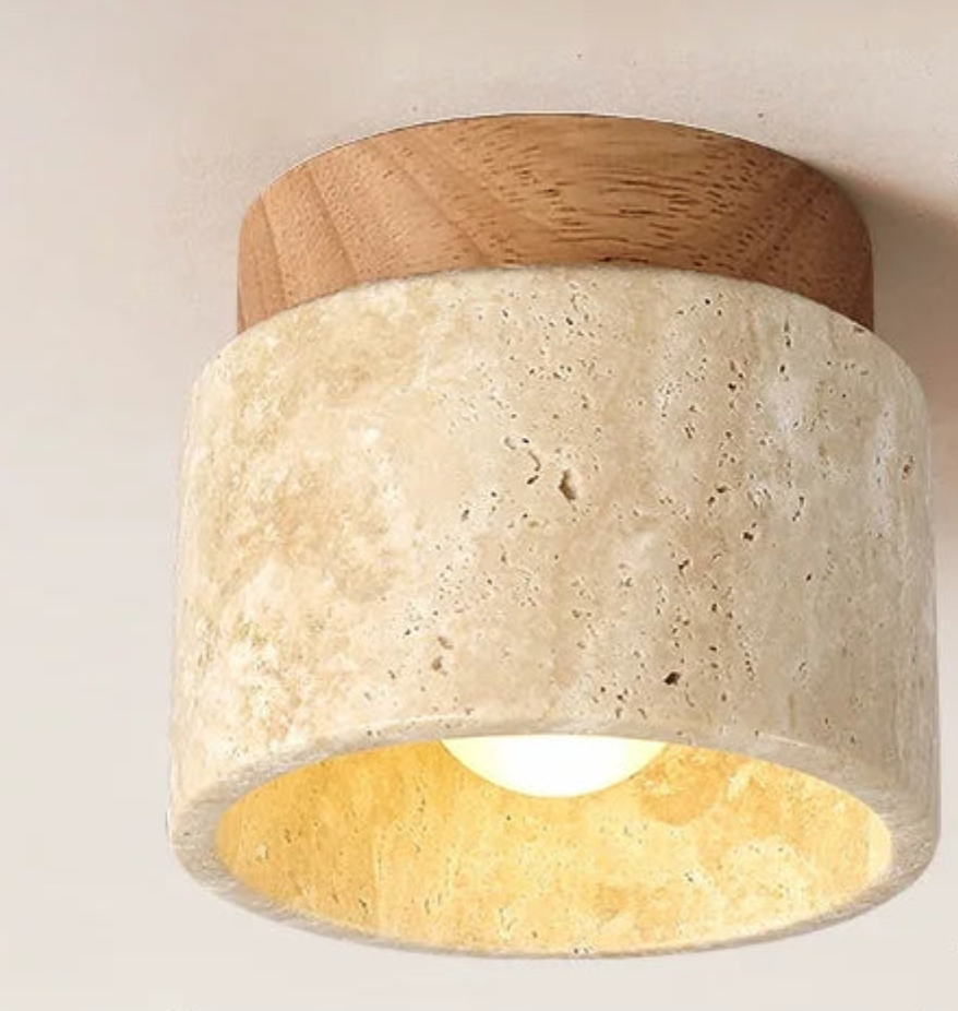 Elegant LED Flush Mount Ceiling Light with Natural Stone & Wood Finish for Serene Ambiance