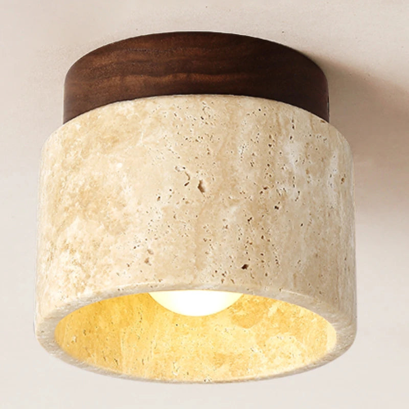Elegant LED Flush Mount Ceiling Light with Natural Stone & Wood Finish for Serene Ambiance