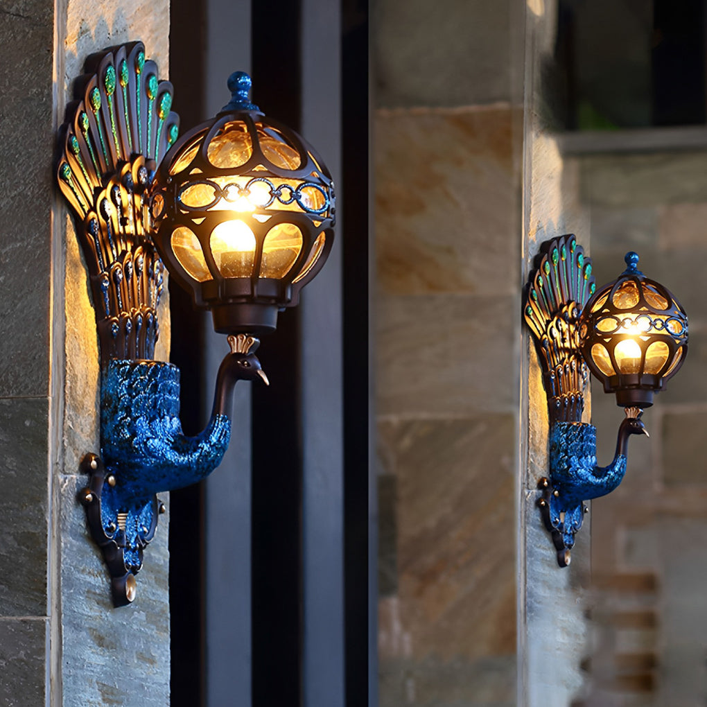 Elegant Lighting | Outdoor Wall Sconce with Vintage Peacock Design | Weather-Resistant Fixture for Ambiance