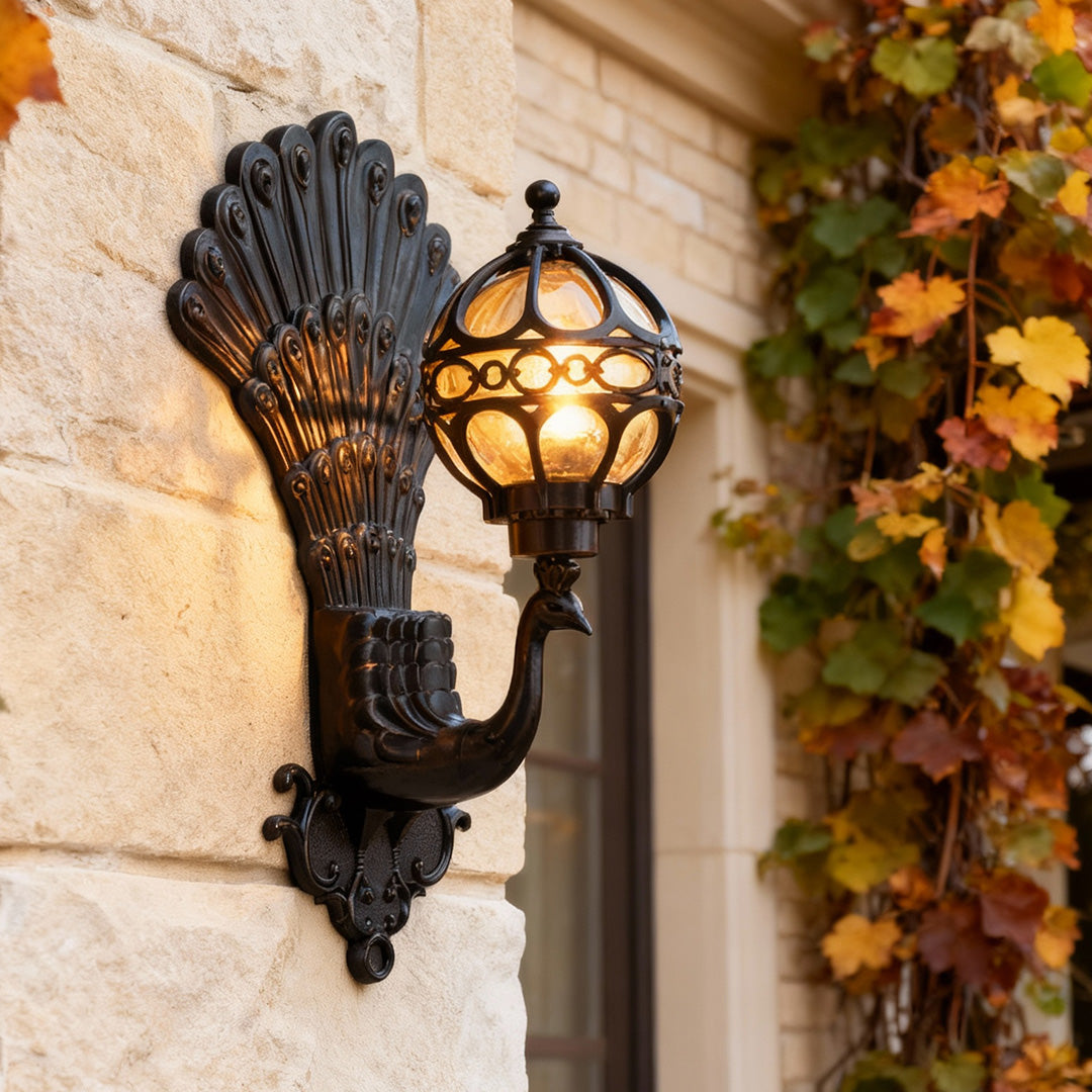 Elegant Lighting | Outdoor Wall Sconce with Vintage Peacock Design | Weather-Resistant Fixture for Ambiance