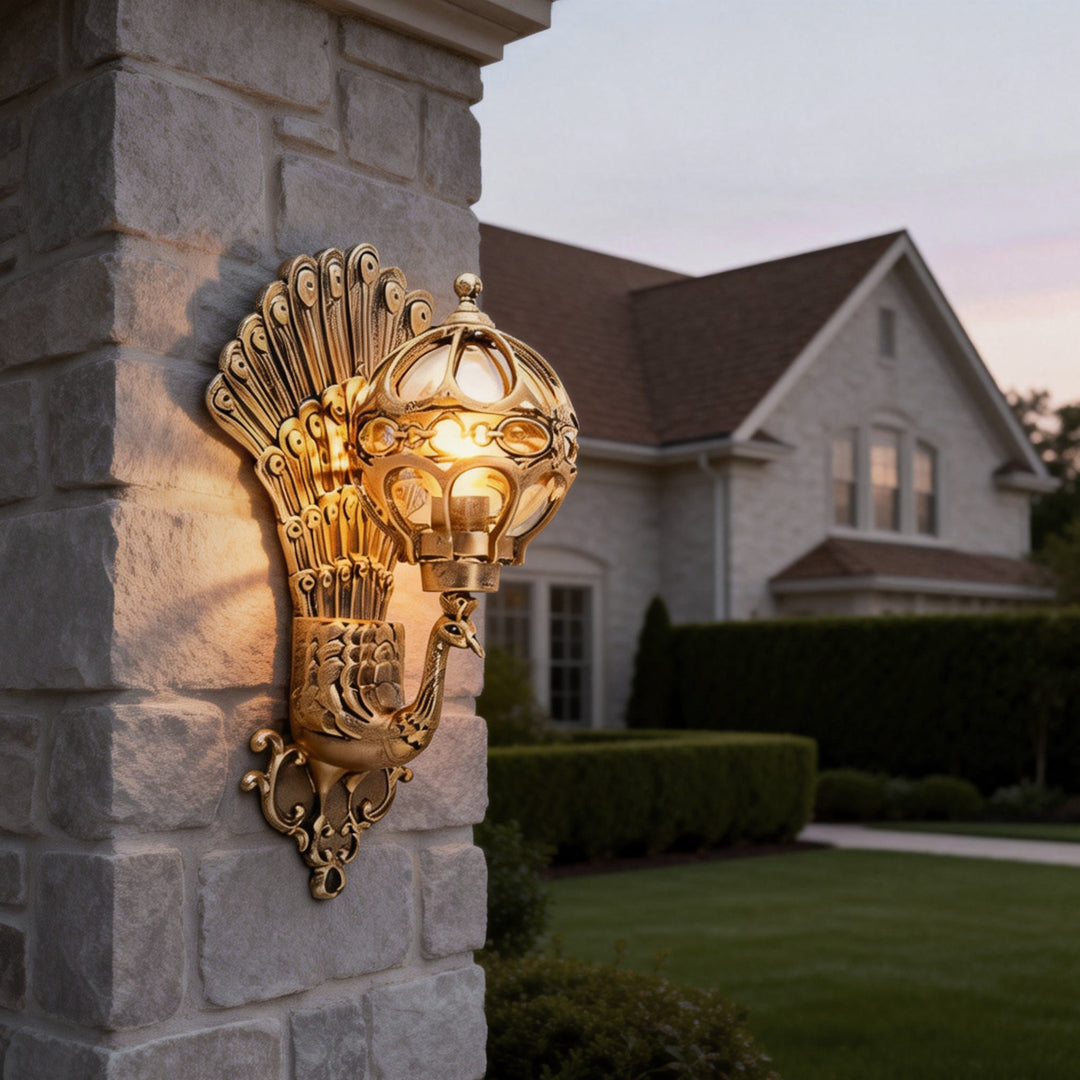Elegant Lighting | Outdoor Wall Sconce with Vintage Peacock Design | Weather-Resistant Fixture for Ambiance