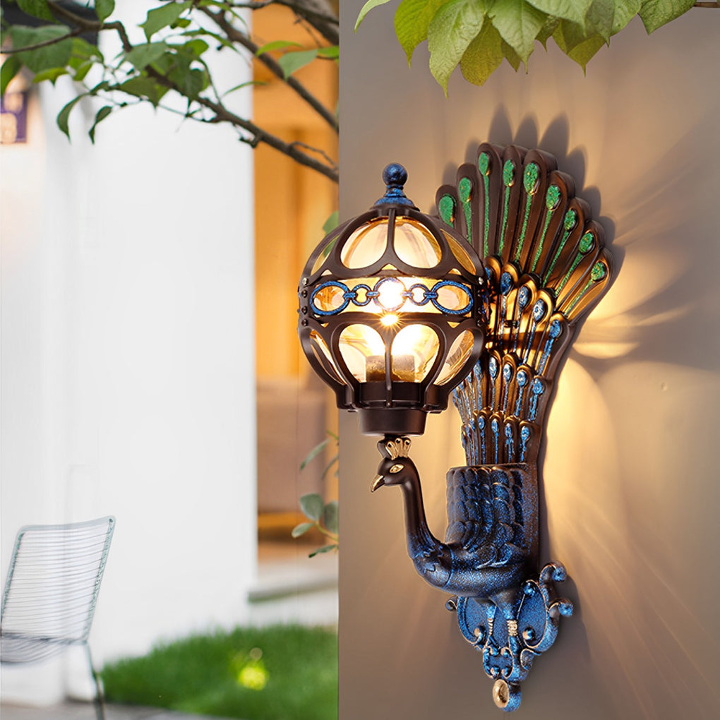 Elegant Lighting | Outdoor Wall Sconce with Vintage Peacock Design | Weather-Resistant Fixture for Ambiance