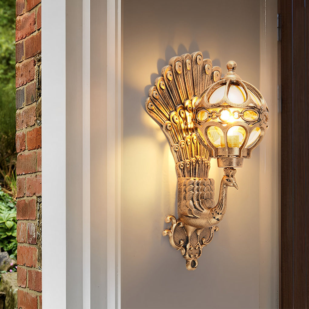 Elegant Lighting | Outdoor Wall Sconce with Vintage Peacock Design | Weather-Resistant Fixture for Ambiance
