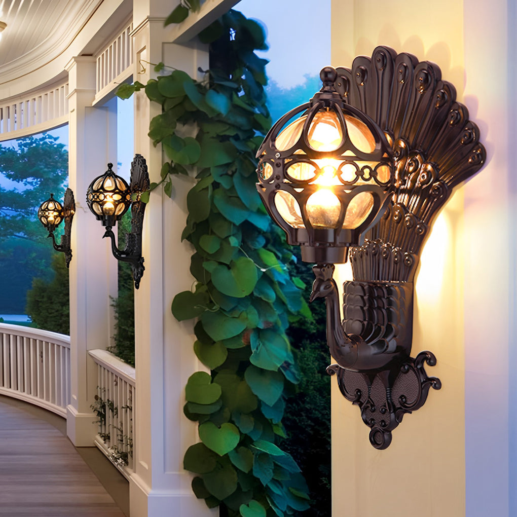 Elegant Lighting | Outdoor Wall Sconce with Vintage Peacock Design | Weather-Resistant Fixture for Ambiance