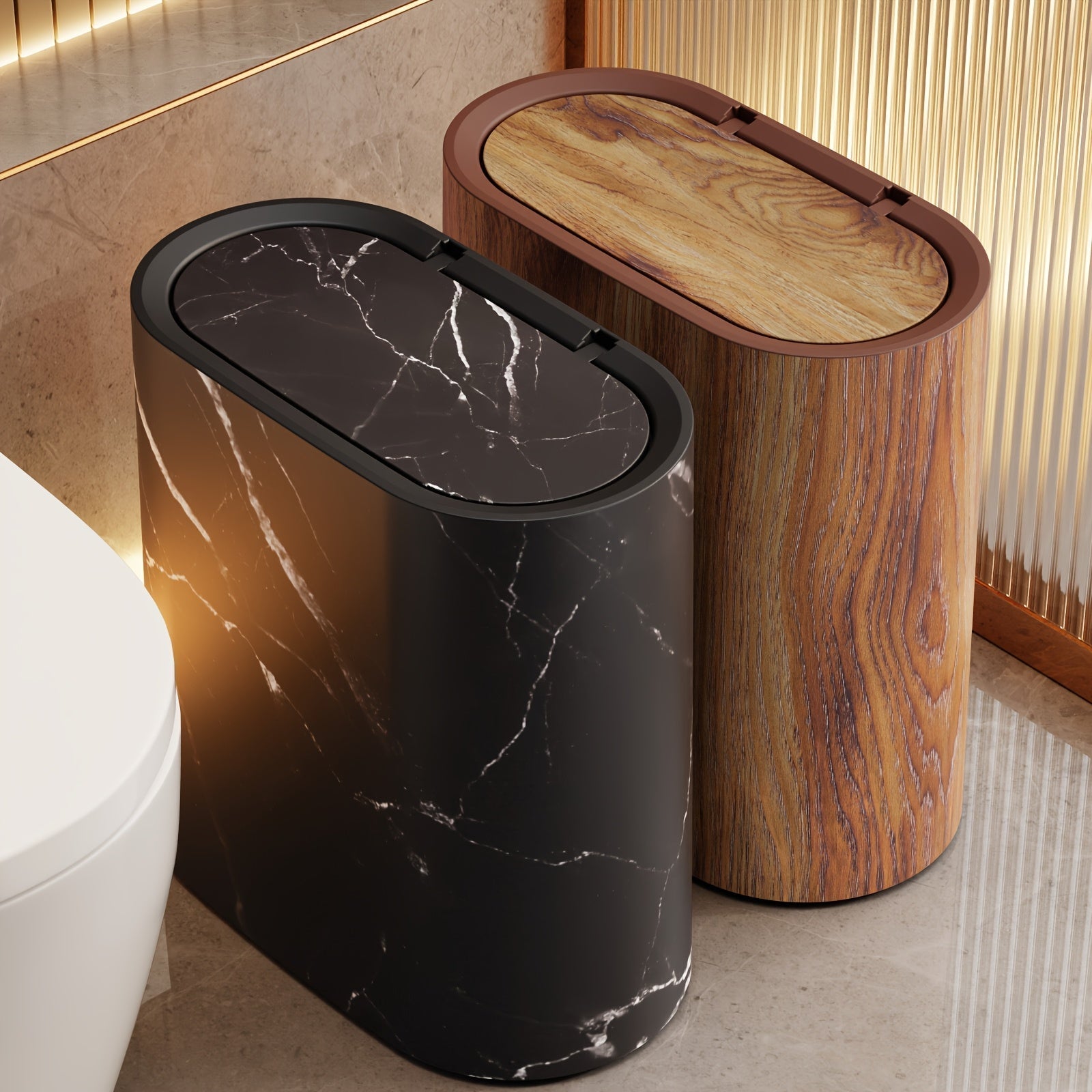 Elegant Marble Pattern Kitchen Trash Can with Fitted Lid | Compact Oval Design for Modern Spaces