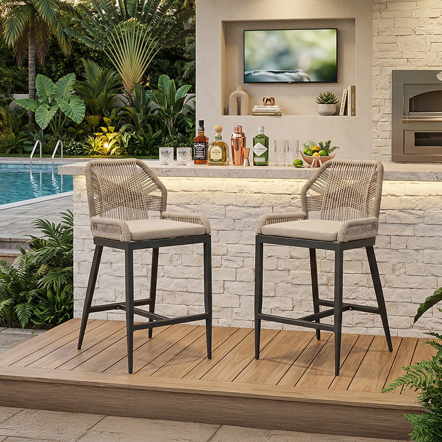 Elegant Outdoor Bar Stools with Comfortable Cushions | Durable Wicker Design for All-Weather Use