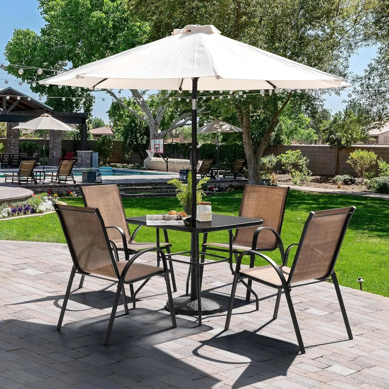 Elegant Outdoor Dining Set | 5-Piece Metal Patio Table and Chairs with Stackable Design | Perfect for Comfortable Gatherings