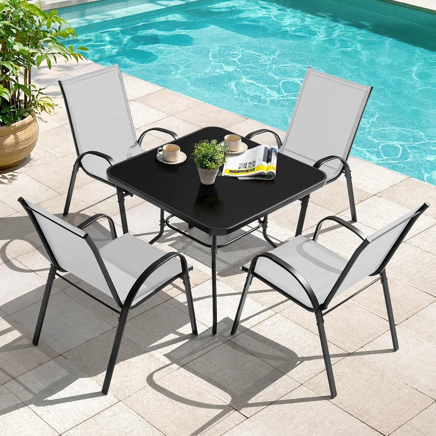 Elegant Outdoor Dining Set | 5-Piece Metal Patio Table and Chairs with Stackable Design | Perfect for Comfortable Gatherings