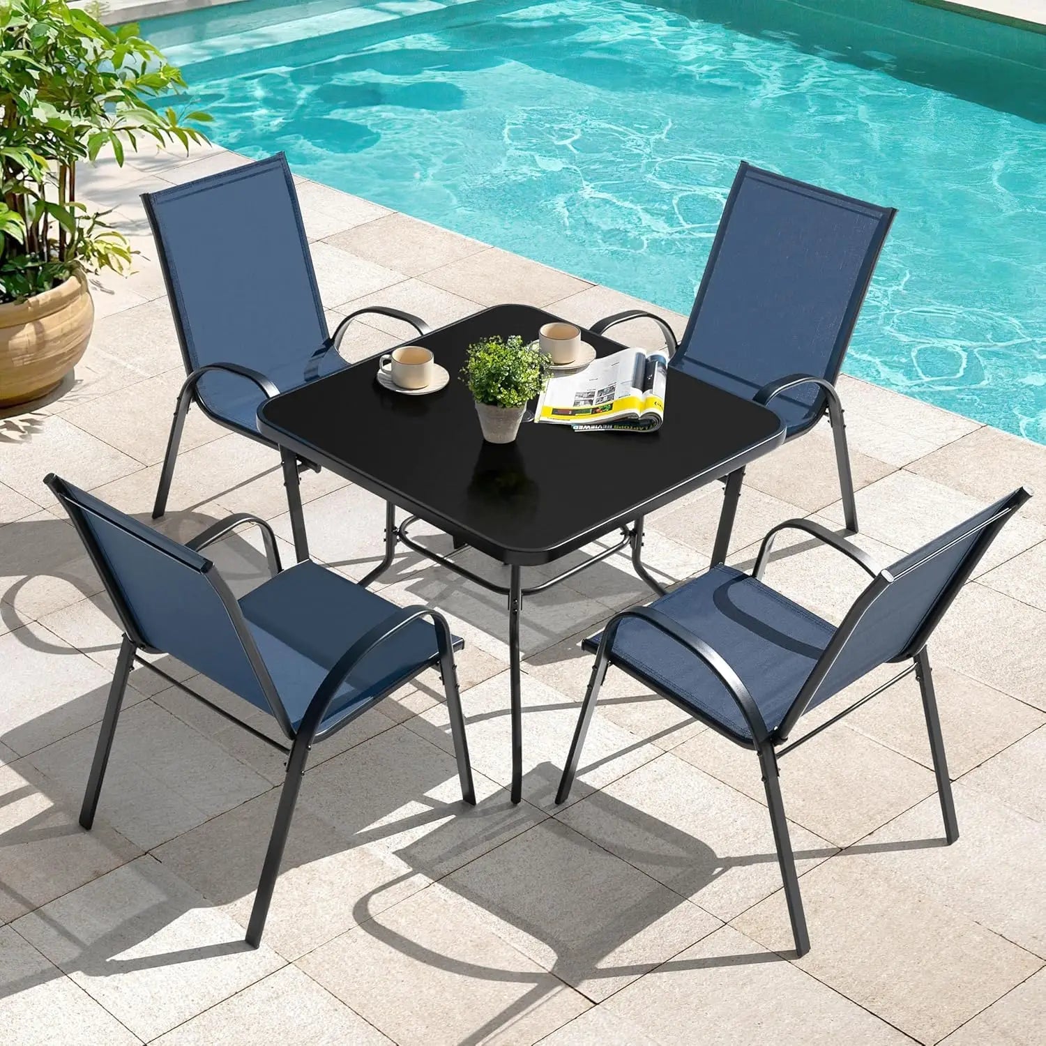 Elegant Outdoor Dining Set | 5-Piece Metal Patio Table and Chairs with Stackable Design | Perfect for Comfortable Gatherings