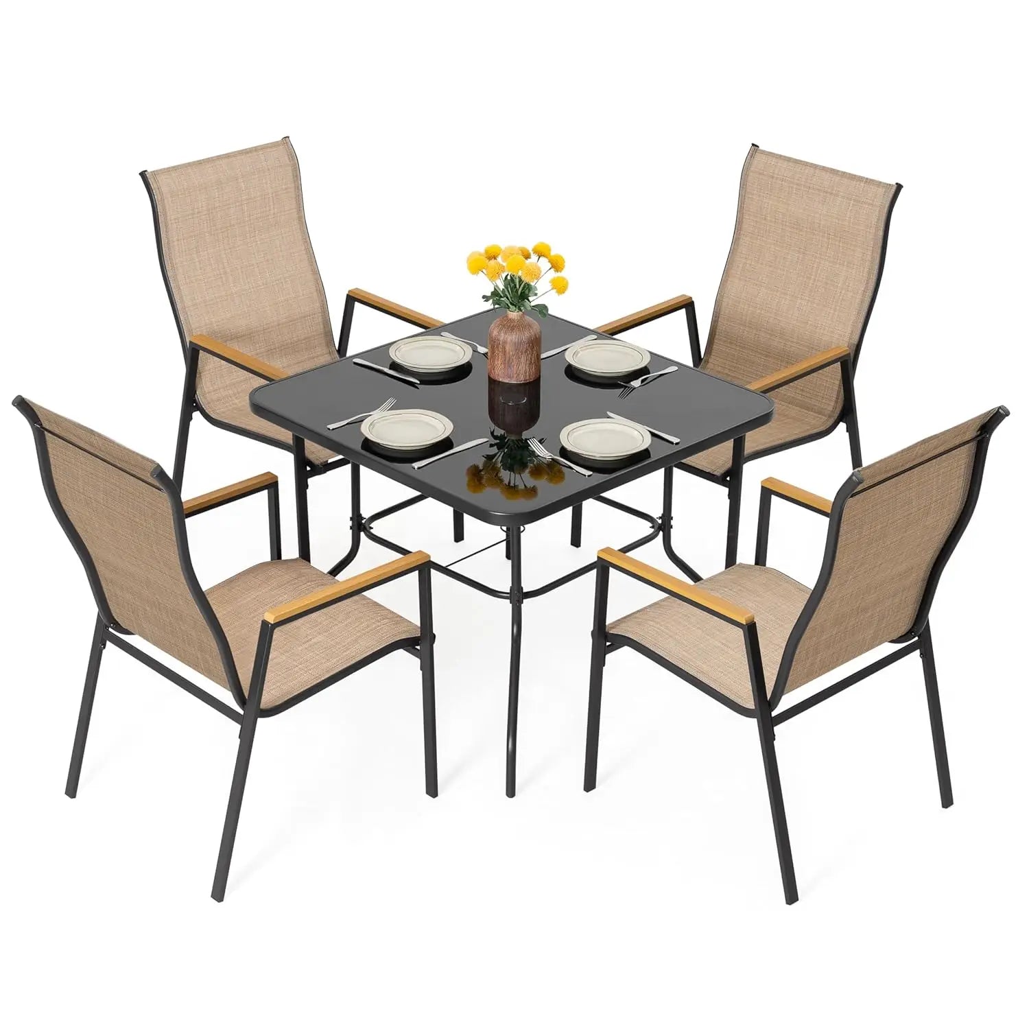 Elegant Outdoor Dining Set | 5-Piece Metal Patio Table and Chairs with Stackable Design | Perfect for Comfortable Gatherings