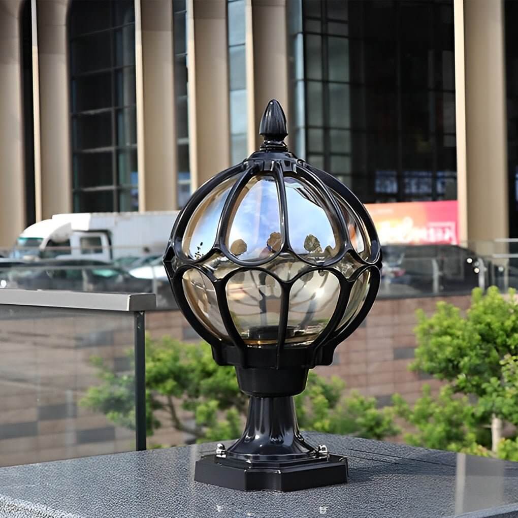 Elegant Outdoor Lighting | Vintage Globe Pillar Lights with Glass Shade | Durable Aluminum Design for Garden Illumination