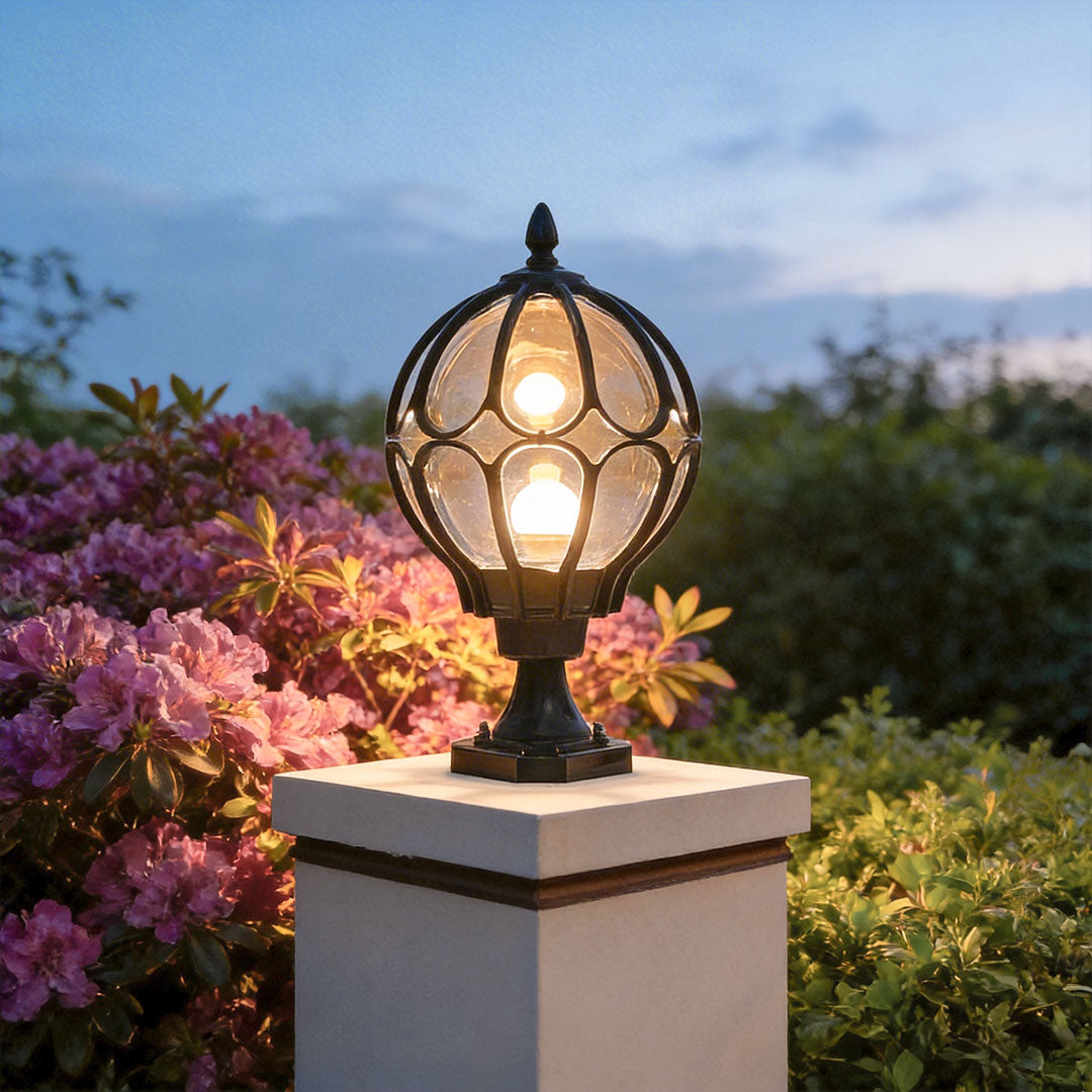 Elegant Outdoor Lighting | Vintage Globe Pillar Lights with Glass Shade | Durable Aluminum Design for Garden Illumination