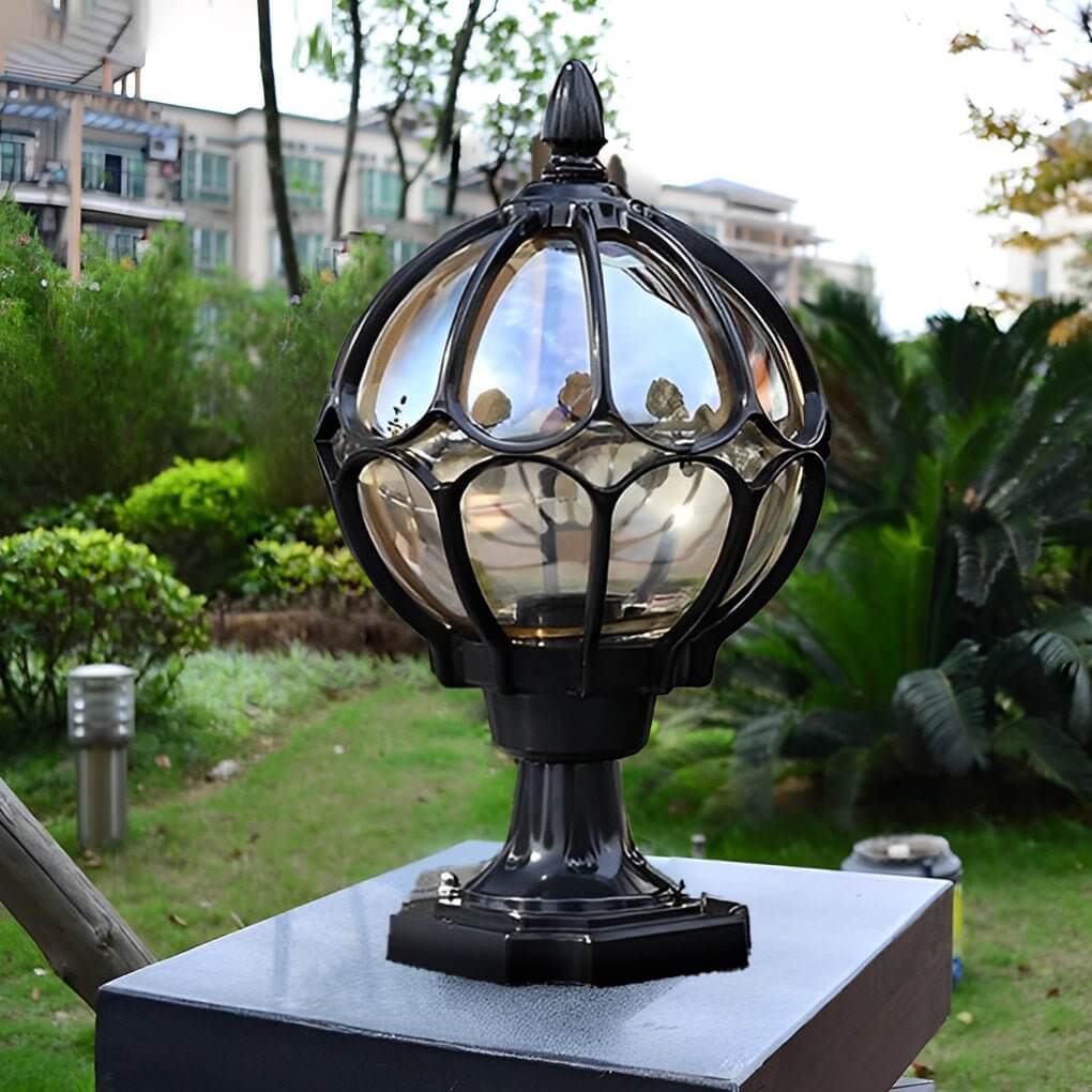 Elegant Outdoor Lighting | Vintage Globe Pillar Lights with Glass Shade | Durable Aluminum Design for Garden Illumination