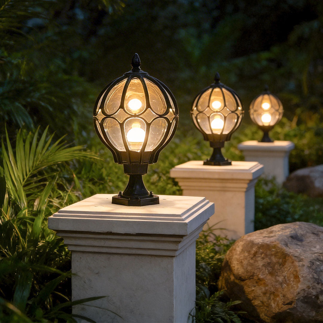Elegant Outdoor Lighting | Vintage Globe Pillar Lights with Glass Shade | Durable Aluminum Design for Garden Illumination