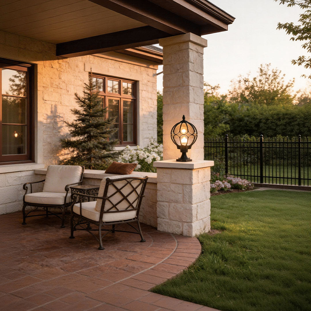 Elegant Outdoor Lighting | Vintage Globe Pillar Lights with Glass Shade | Durable Aluminum Design for Garden Illumination