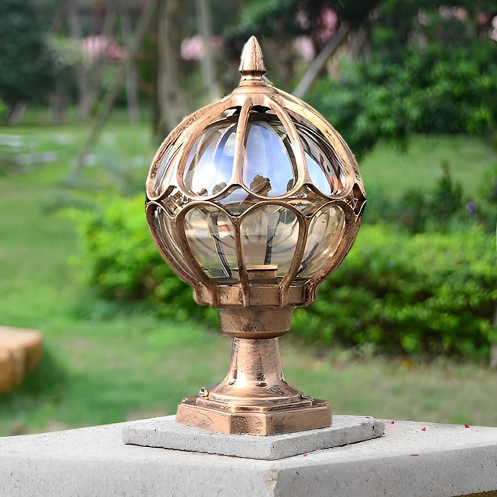Elegant Outdoor Lighting | Vintage Globe Pillar Lights with Glass Shade | Durable Aluminum Design for Garden Illumination