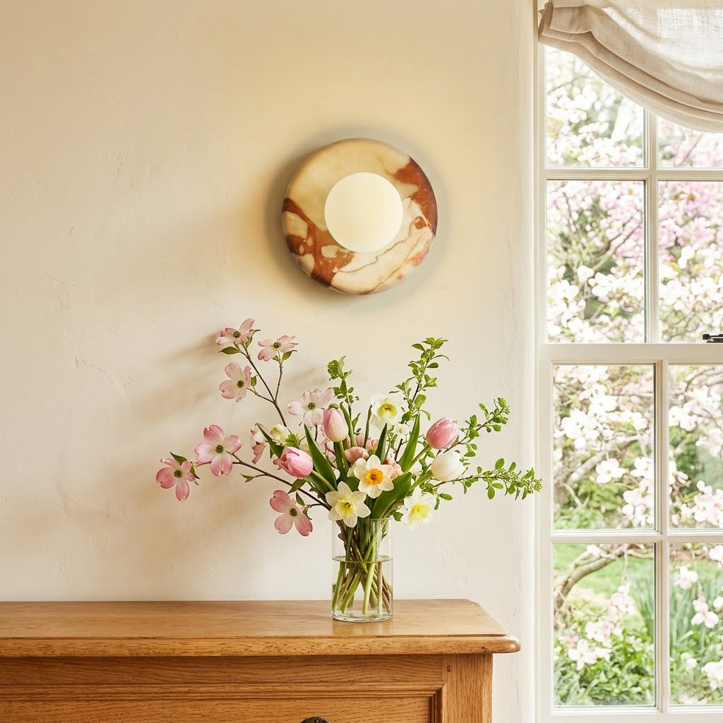 Elegant Red Marble Wall Sconce with Soft Ambient Lighting for Cozy Atmosphere