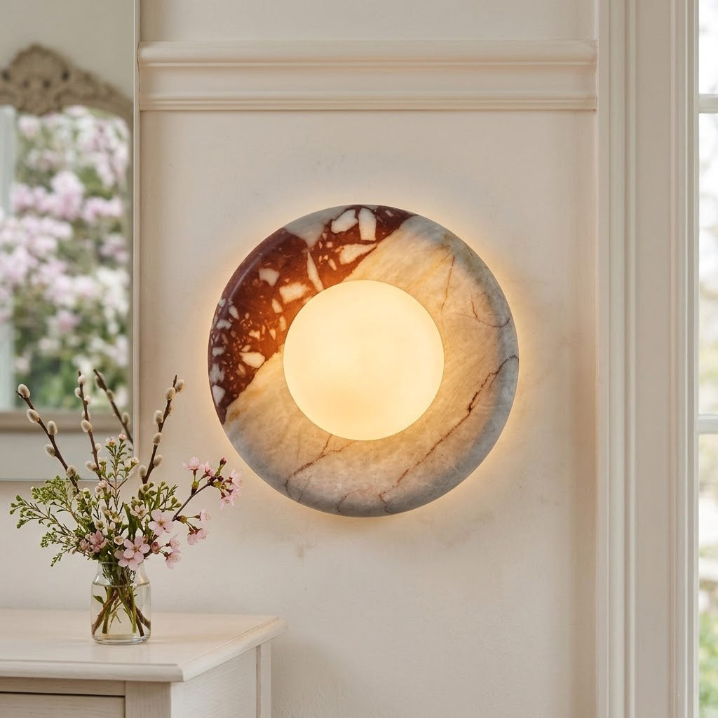 Elegant Red Marble Wall Sconce with Soft Ambient Lighting for Cozy Atmosphere