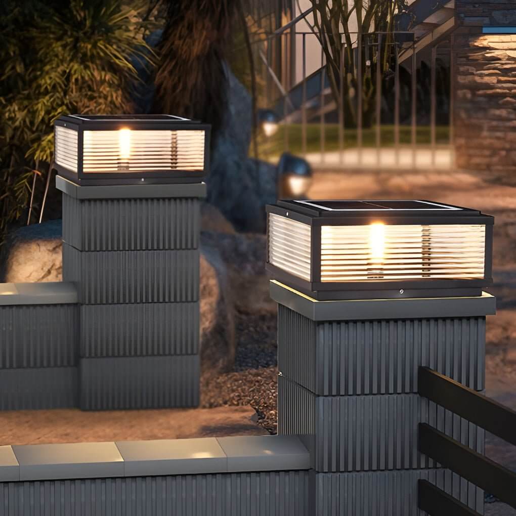 Elegant Solar Lights | Square Pillar Light with Ribbed Glass Design | Durable Outdoor Landscape Lighting for Ambiance