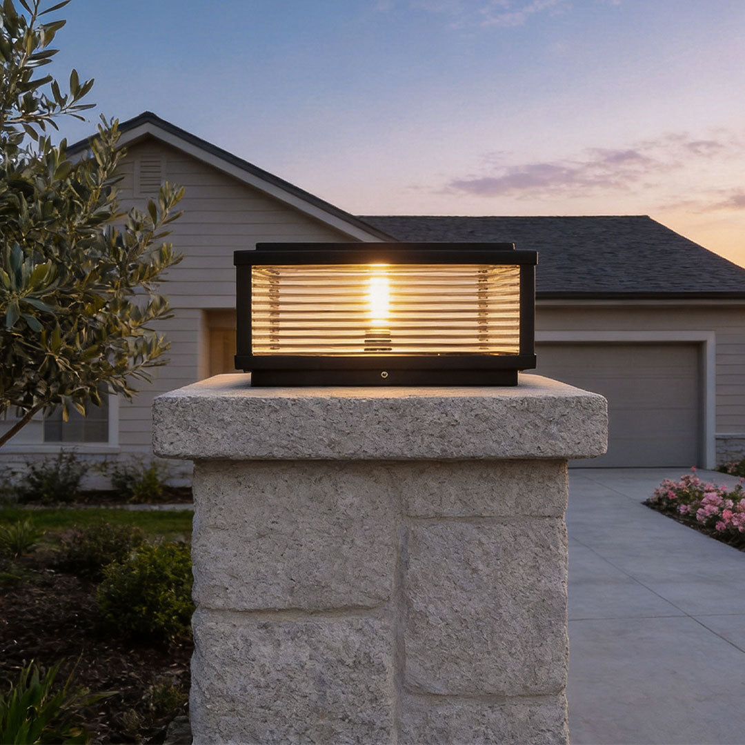 Elegant Solar Lights | Square Pillar Light with Ribbed Glass Design | Durable Outdoor Landscape Lighting for Ambiance