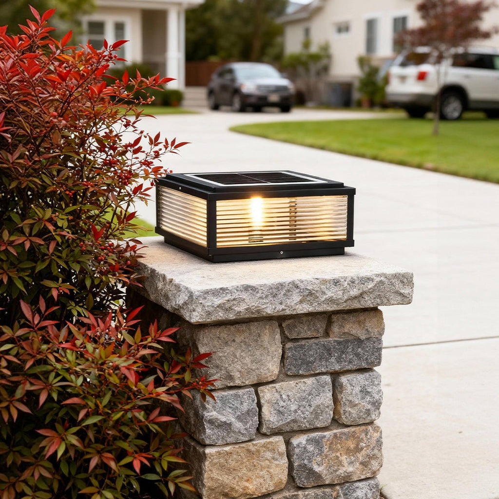 Elegant Solar Lights | Square Pillar Light with Ribbed Glass Design | Durable Outdoor Landscape Lighting for Ambiance
