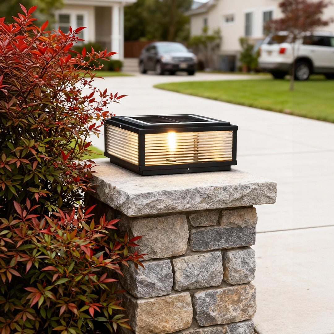 Elegant Solar Lights | Square Pillar Light with Ribbed Glass Design | Durable Outdoor Landscape Lighting for Ambiance