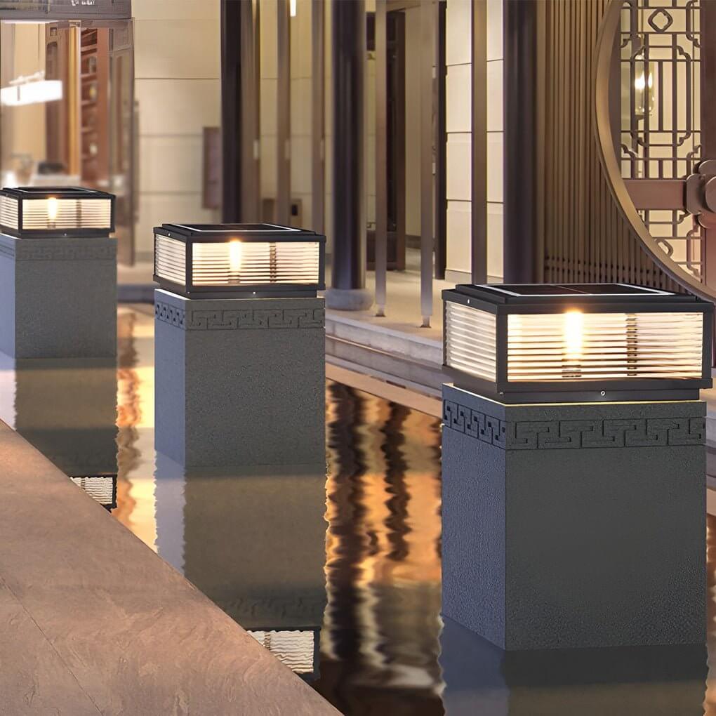 Elegant Solar Lights | Square Pillar Light with Ribbed Glass Design | Durable Outdoor Landscape Lighting for Ambiance