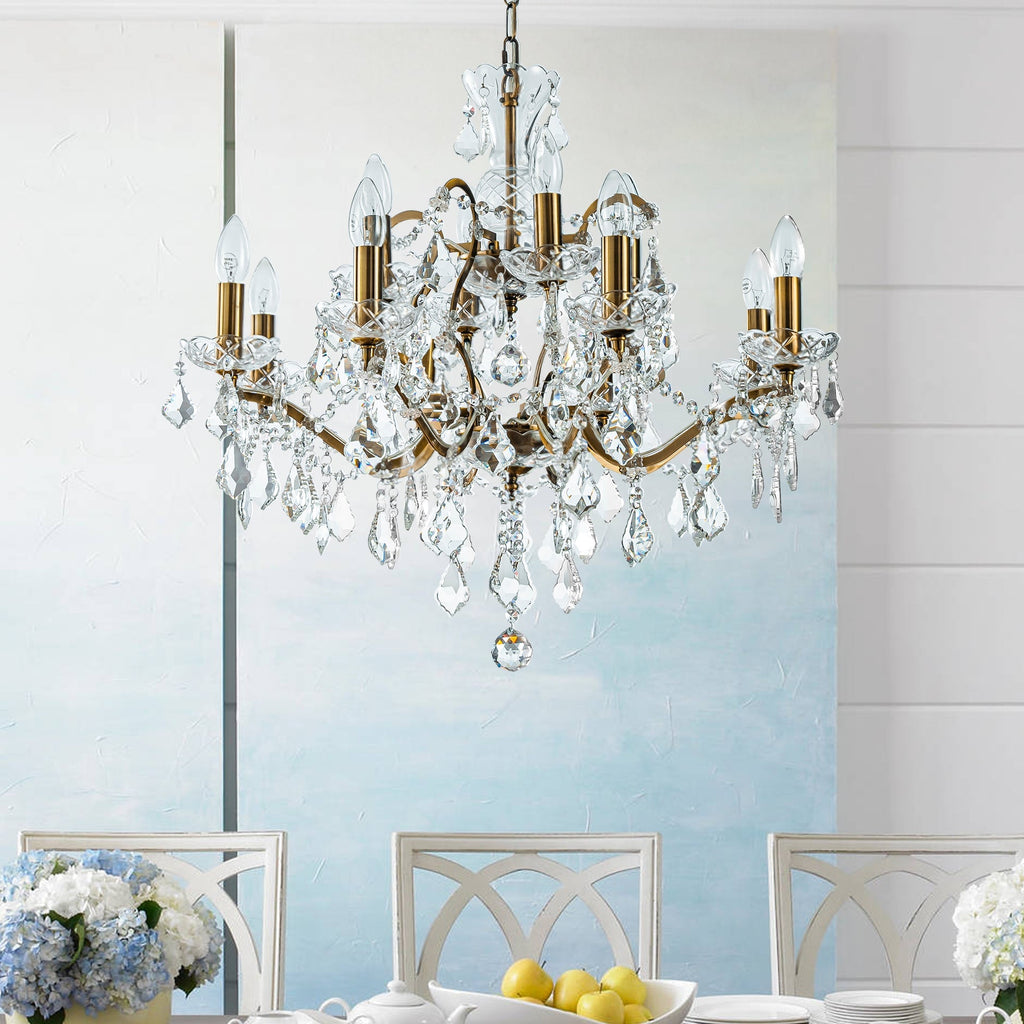Elegant Two-Tiered Crystal Chandelier with Antique Gold Finish | Luxurious Lighting Fixture for Timeless Ambiance