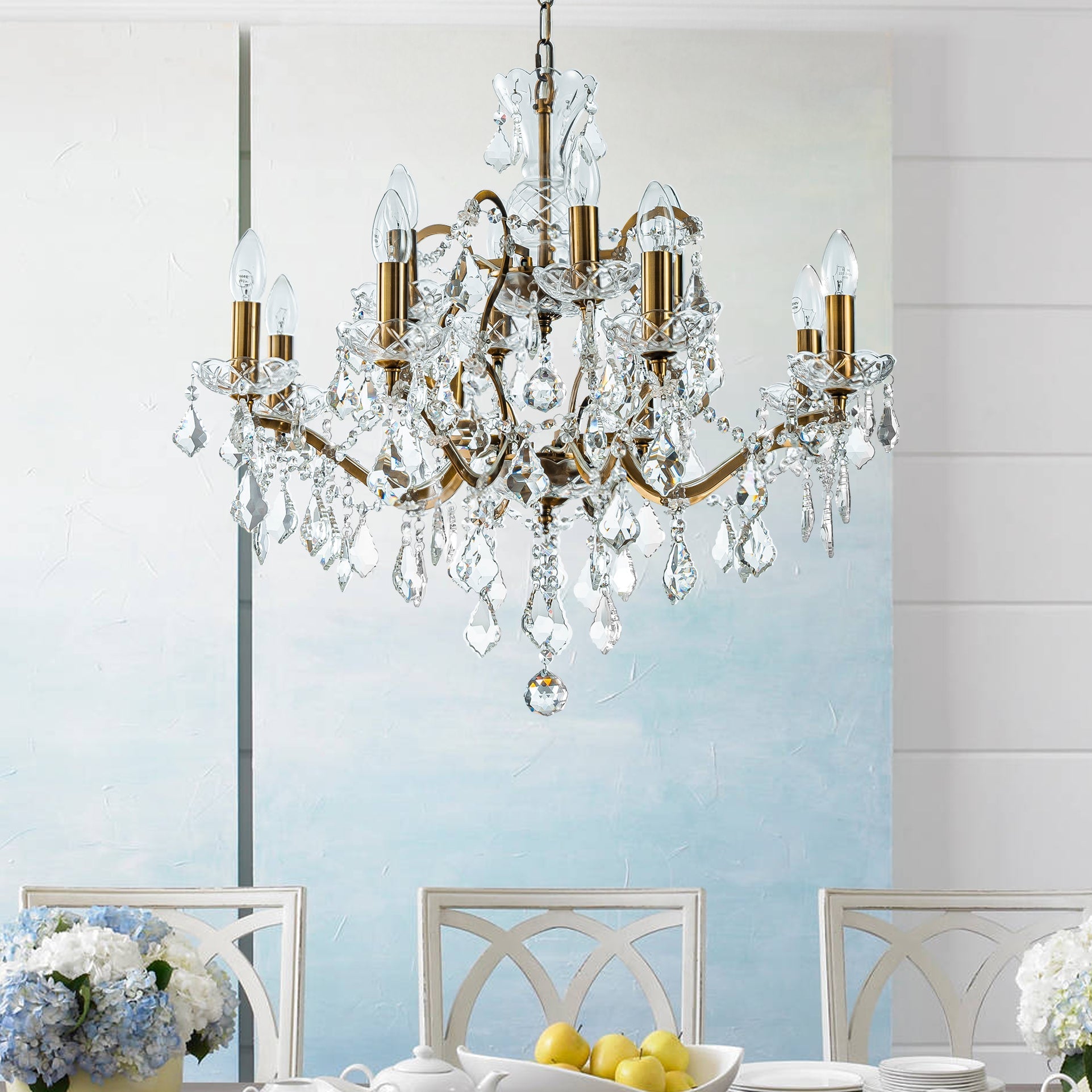 Elegant Two-Tiered Crystal Chandelier with Antique Gold Finish | Luxurious Lighting Fixture for Timeless Ambiance