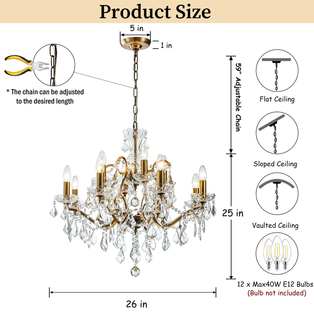Elegant Two-Tiered Crystal Chandelier with Antique Gold Finish | Luxurious Lighting Fixture for Timeless Ambiance