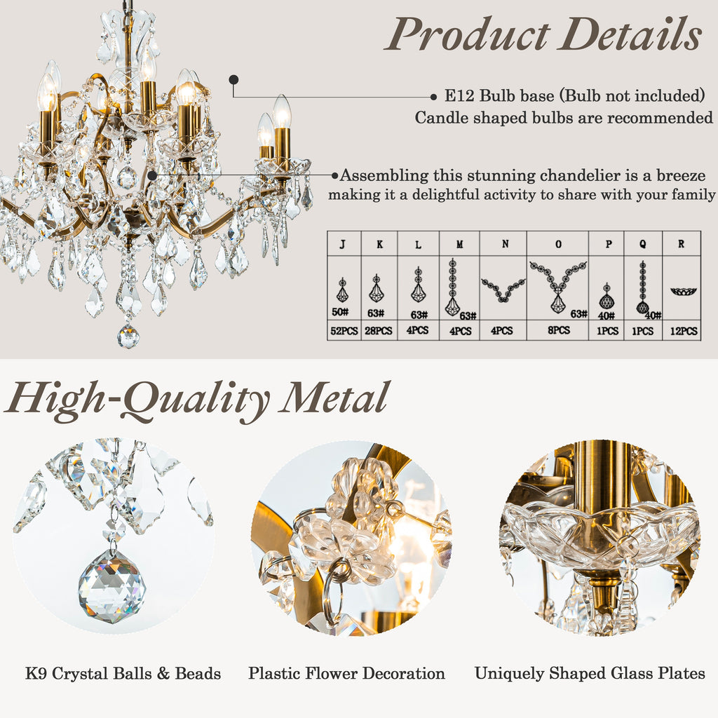 Elegant Two-Tiered Crystal Chandelier with Antique Gold Finish | Luxurious Lighting Fixture for Timeless Ambiance
